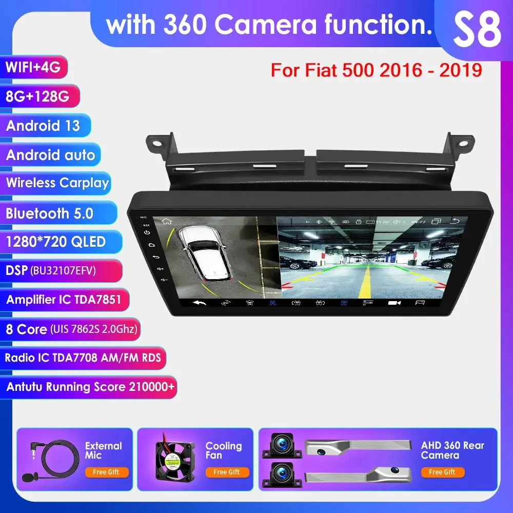 Hizpo 9 ''Draadloze Carplay Android Auto Auto Multimedia Speler Voor Fiat 500 2016 2017 2018 2019 Carplay 4G Autoradio 360 ° Camera