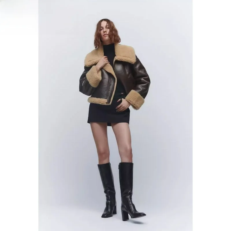 

Double-Sided Leather And Fur ort Jaet Women's Sweet Sle Faion Autumn Winter New Arrival Inteated Design Zipper Closure
