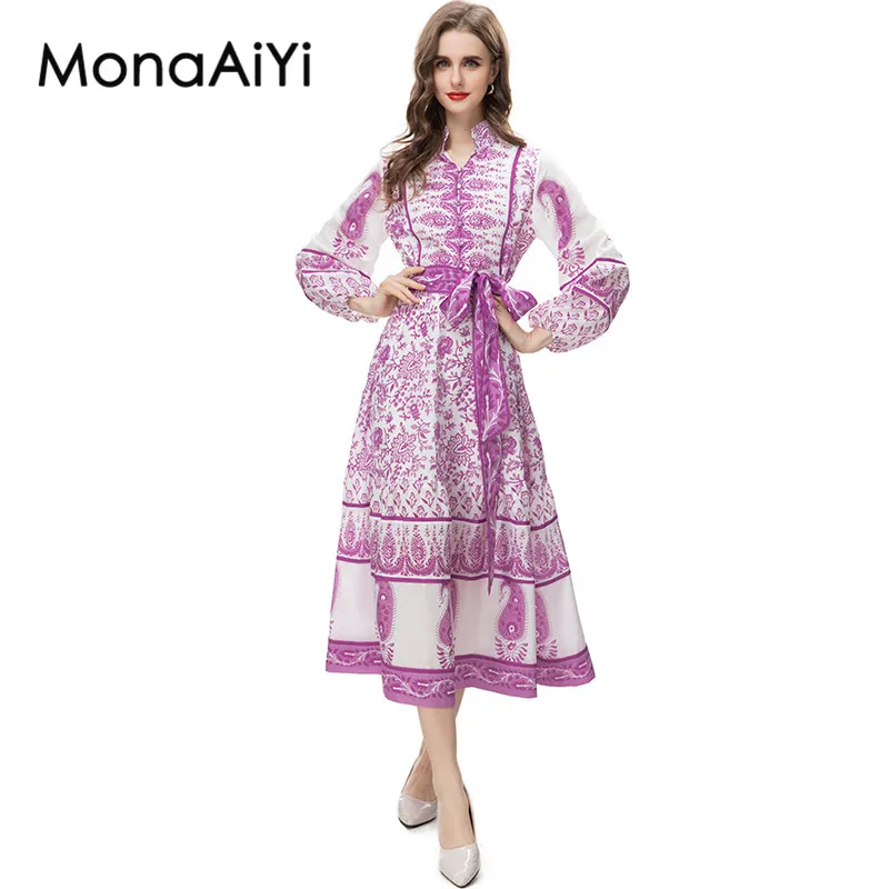 MonaAiYi New Fashion Designer Women's Stand Collar Puff Sleeve Detachable Girdle Printing Purplish Red Retro Casual Dress