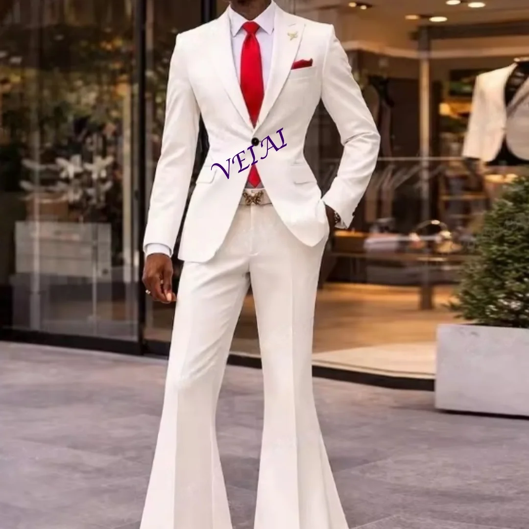 

CustomizedNew White Men Suit Flared Trousers Formal Groom Groomsman Wedding Party Prom Business Male Tuxedos 2 Piece Set Jacket