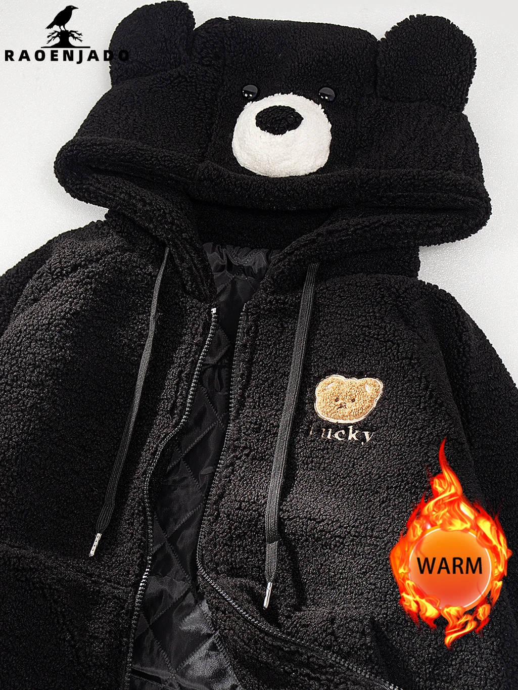 

Women Fleece Jacket Hooded Fuzzy Winter Coat Thermal Casual Outerwear with Bear Ear-Decorated Hood and Embroidery for Daily Wear
