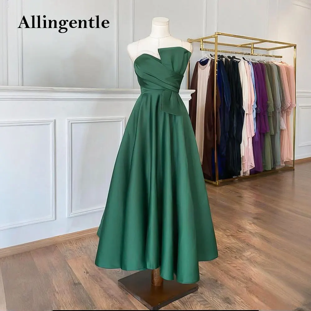 

Green Strapless Satin Prom Dresses with Pockets A-Line فساتين سهرة Tea Length Women Formal Evening Gowns Customized