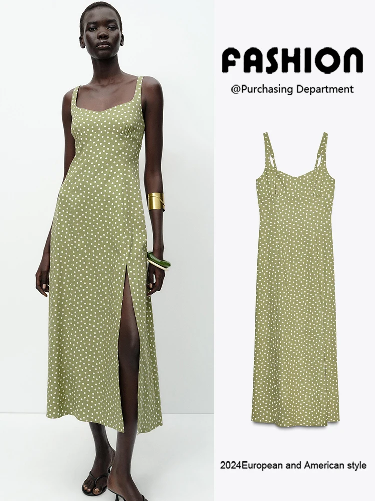 فستان صيفي جديد مثير بدون أكمام بنقشة البولكا دوت وياقة مستديرة وحمالات، فستان ميدي أنيق للنساء بأسلوب عرقي مناسب للمسرح
