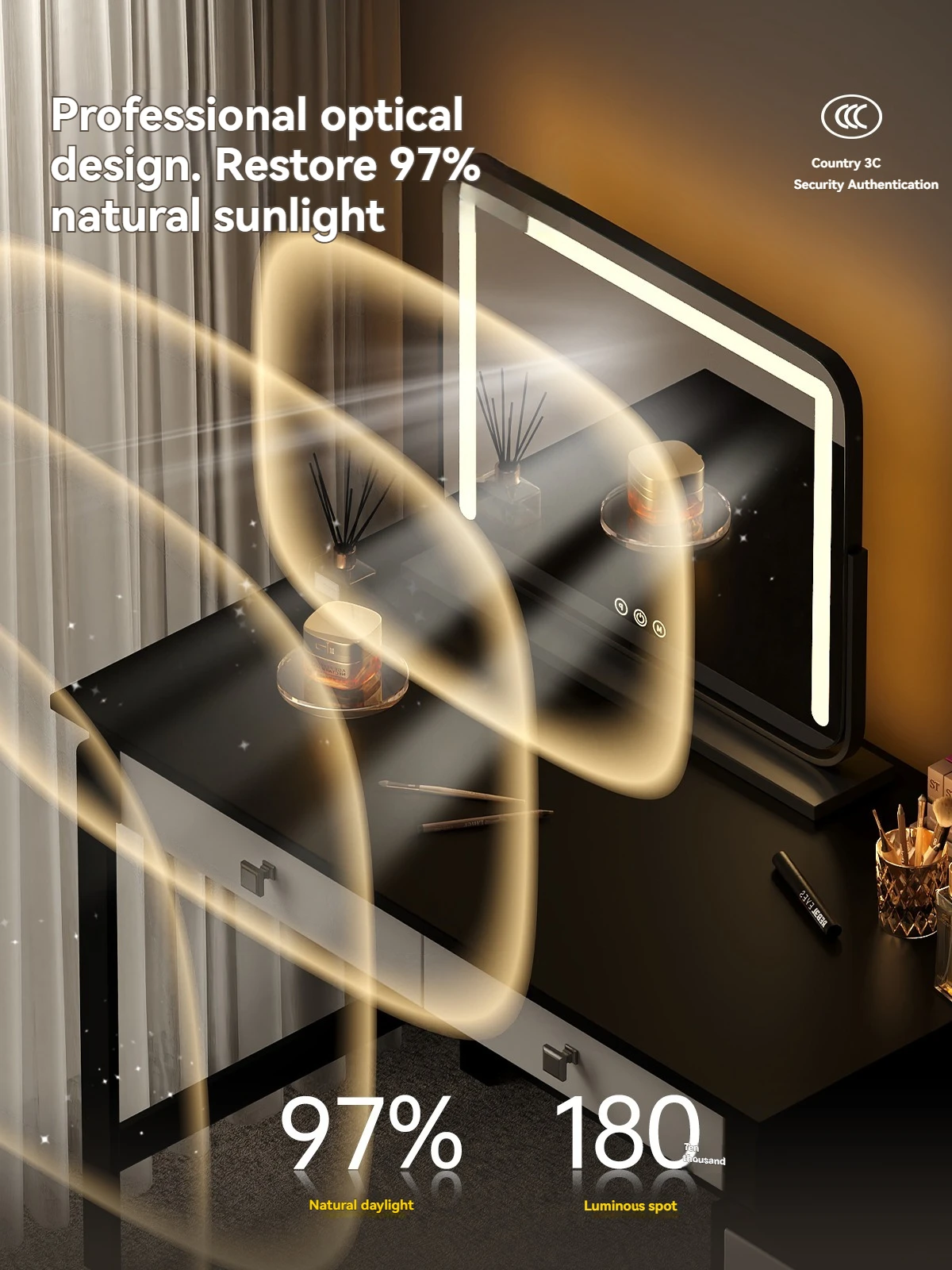 مرآة ماكياج ذكية ذات حجم كبير قابلة للدوران مع مرآة طاولة المكتب ذات قاعدة المصباح للاستخدام المنزلي الإضاءة الذكية #3