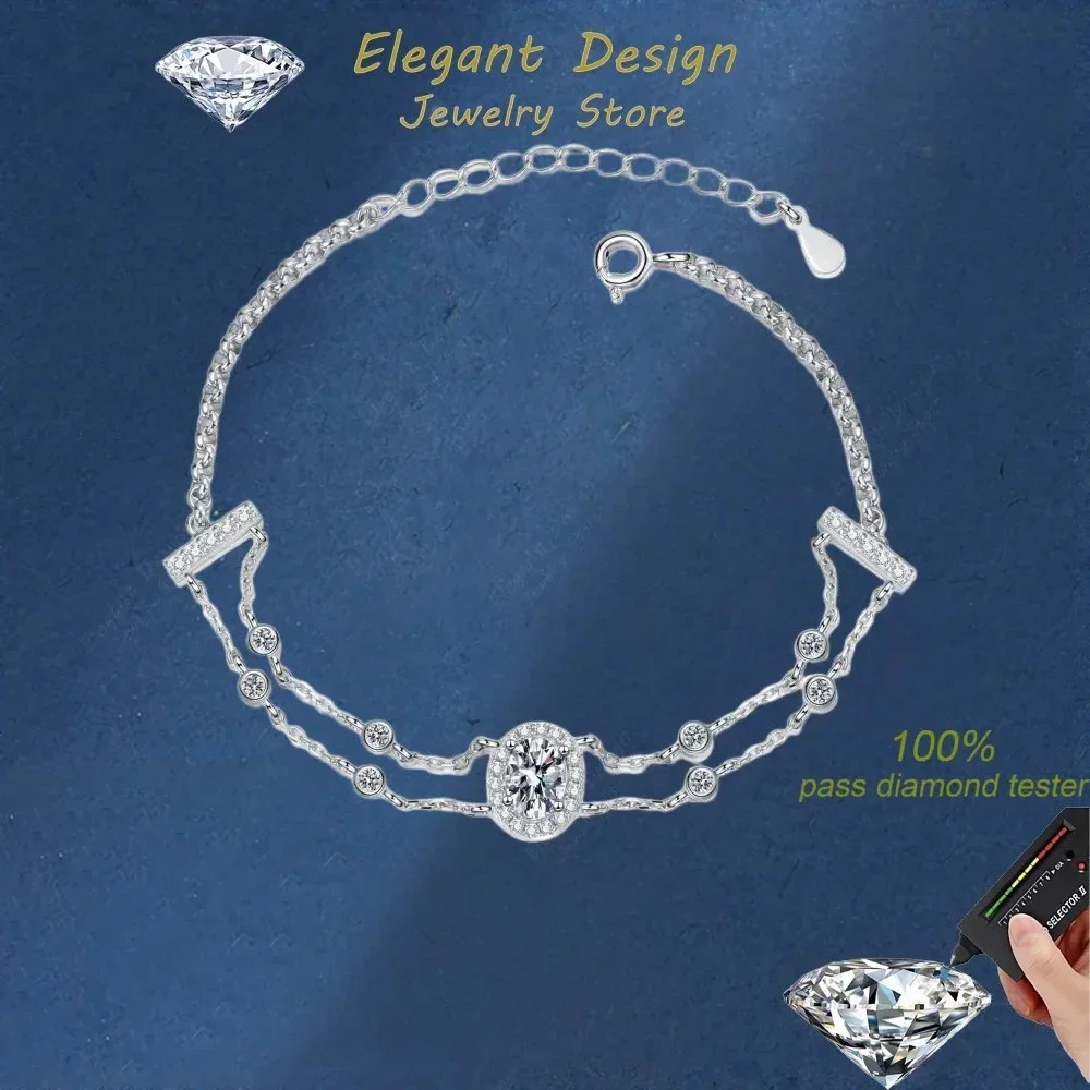 Elegant Design 1 Carat Moissanite Diamond Bracelets, Classic Platinum PT950 Women's Double Chain for Girlfriend Fine Jewelry