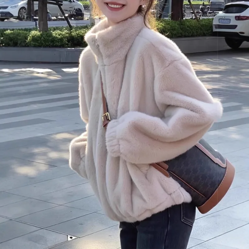 

Fur one-piece lamb fur stand up collar jacket for women, autumn and winter thick jacket, top made of plush fur