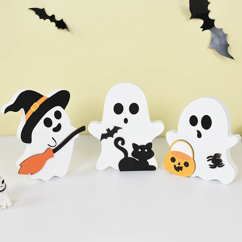 

3Pcs/set Halloween Cute Ghost Ornaments Wooden Desktop Ornament Halloween Decor For Home Cartoon Ghost Tray Decoration Supplies