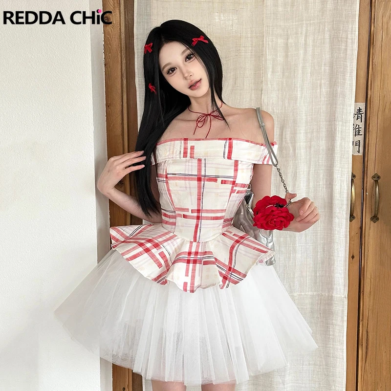 ReddaChic ワンショルダーミニプリンセスドレス女性バレエコアステッチチュールフィットとフレアフリルふわふわチュチュガウンフォーマル服