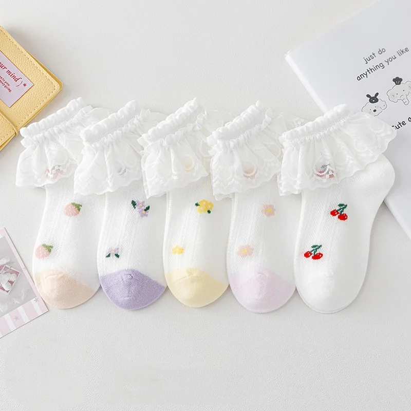 5Pairs/Set Children's Cotton Boneless Socks Princess Lace Ruffle Mesh Breathable Socks Kids Printed Dance Short Sock 1-15 Years