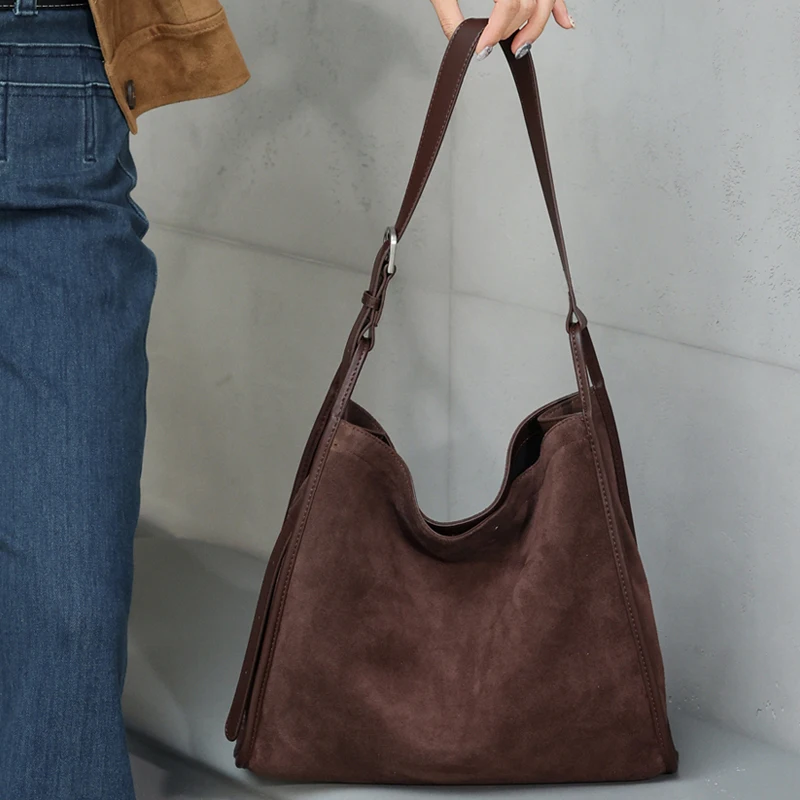 Women's Genuine Suede Cow Leather Shoulder Tote Bag Vintage Large Capacity Crossbody Bag Soft Leather Hobo Bag Daily Handbag