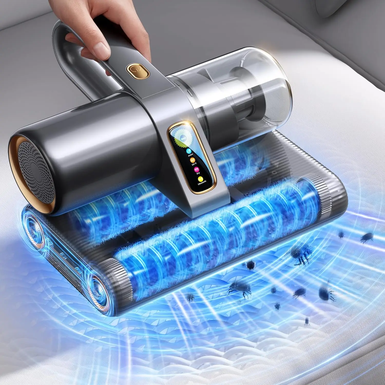 

Пылесос для матрасов с максимальной силой всасывания 35 кПа, УФ-лампой, ультразвуком и HEPA-фильтром для кроватей, диванов, ковров - серый