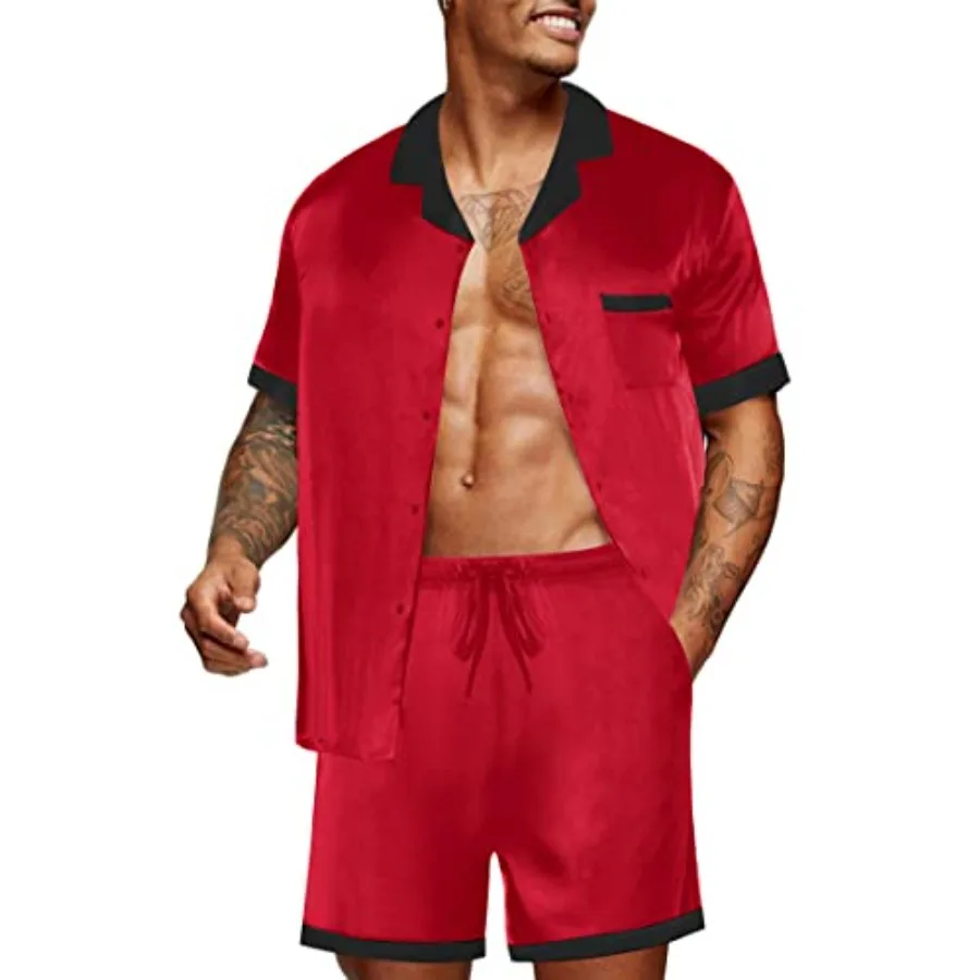 

Men Satin Silk Pajamas Set with Pockets Sleepwear Shorts Satin Summer Loungewear 2 Pcs Button Down Set S-3XL