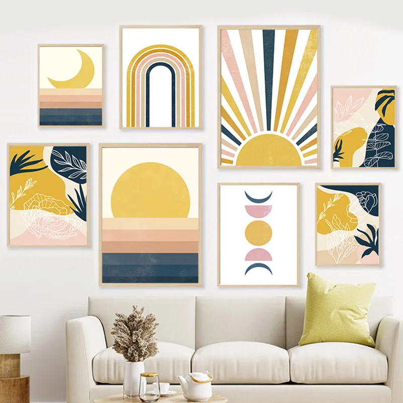 Bohemian Sun Moon Rainbow Leaves Abstract Minimalist Posters And Prints Wall Art Canvas Painting Pictures for Living Room Decor