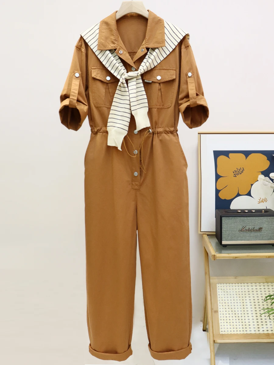 

Bella Early Autumn High Waist Cotton Workwear Jumpsuit Women's Loose Elastic Waist Casual Dr Pants Long ket Detail