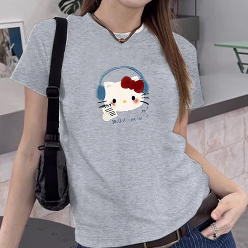 Cute Hello Kitty T Shirt Women Round Neck Short Sleeve Soft Cotton Cute Cartoon Print Y2K Casual Slim Basic Summer Tee Tops view 6