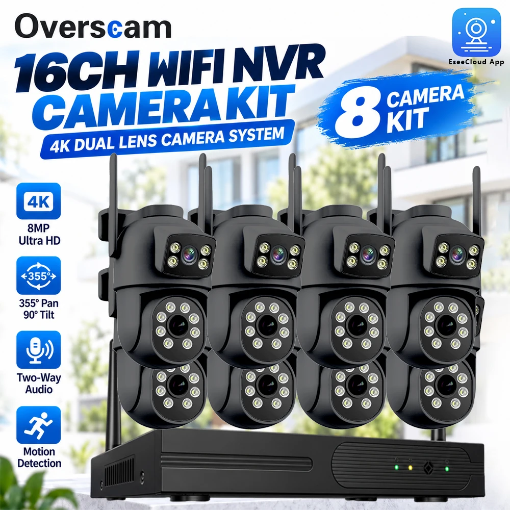 4K 8MP Dual Lens Wireless CCTV Camera Kit 16 Channel WiFi NVR 4/8Camera Home Surveillance System PTZ Two Way Audio EseeCloud App