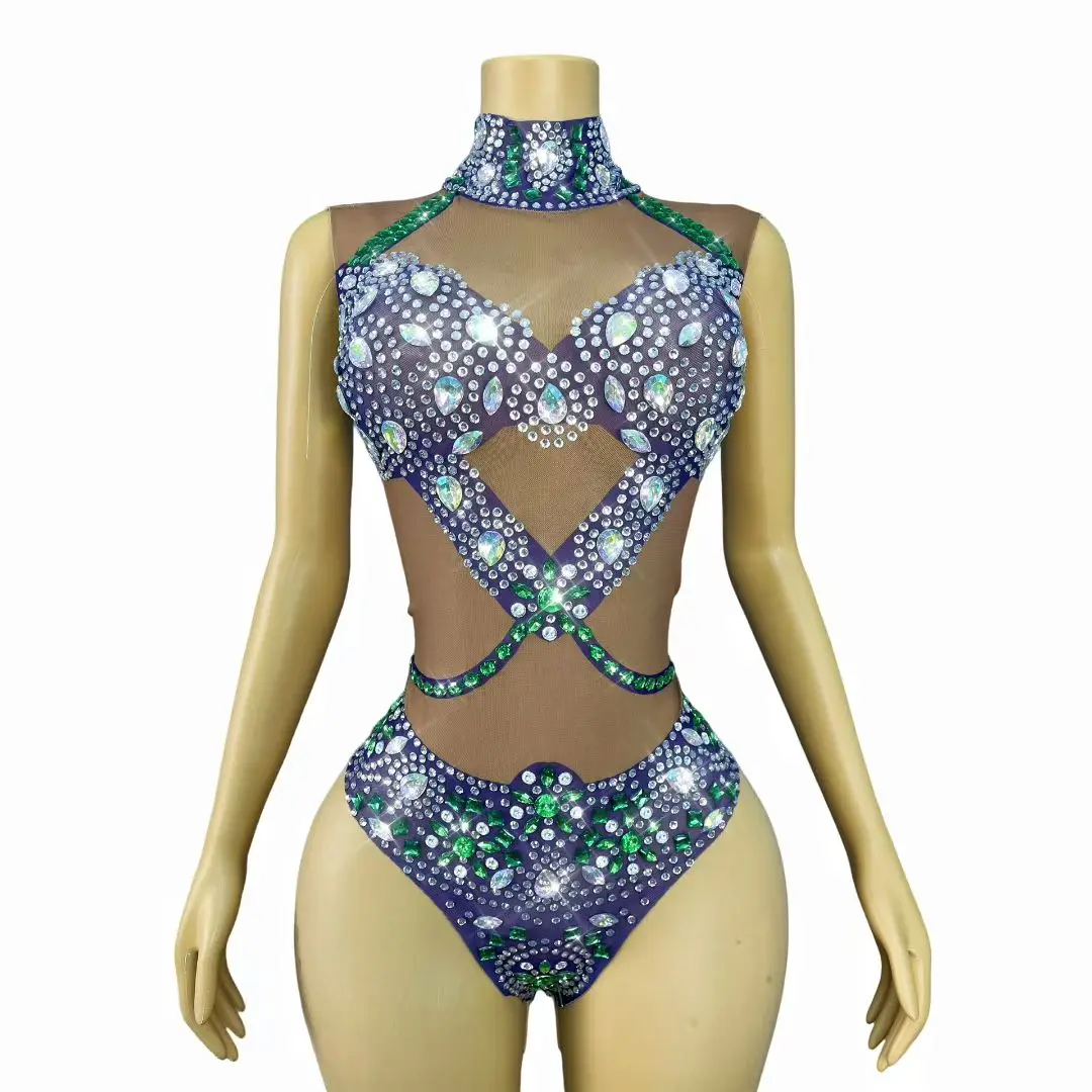 

Sexy Sleeveless Night Club Rhinestone Bodysuit Ladies One Piece Short Jumpsuit Stripper Festival Outfits DJ Gogo Dancer Costume