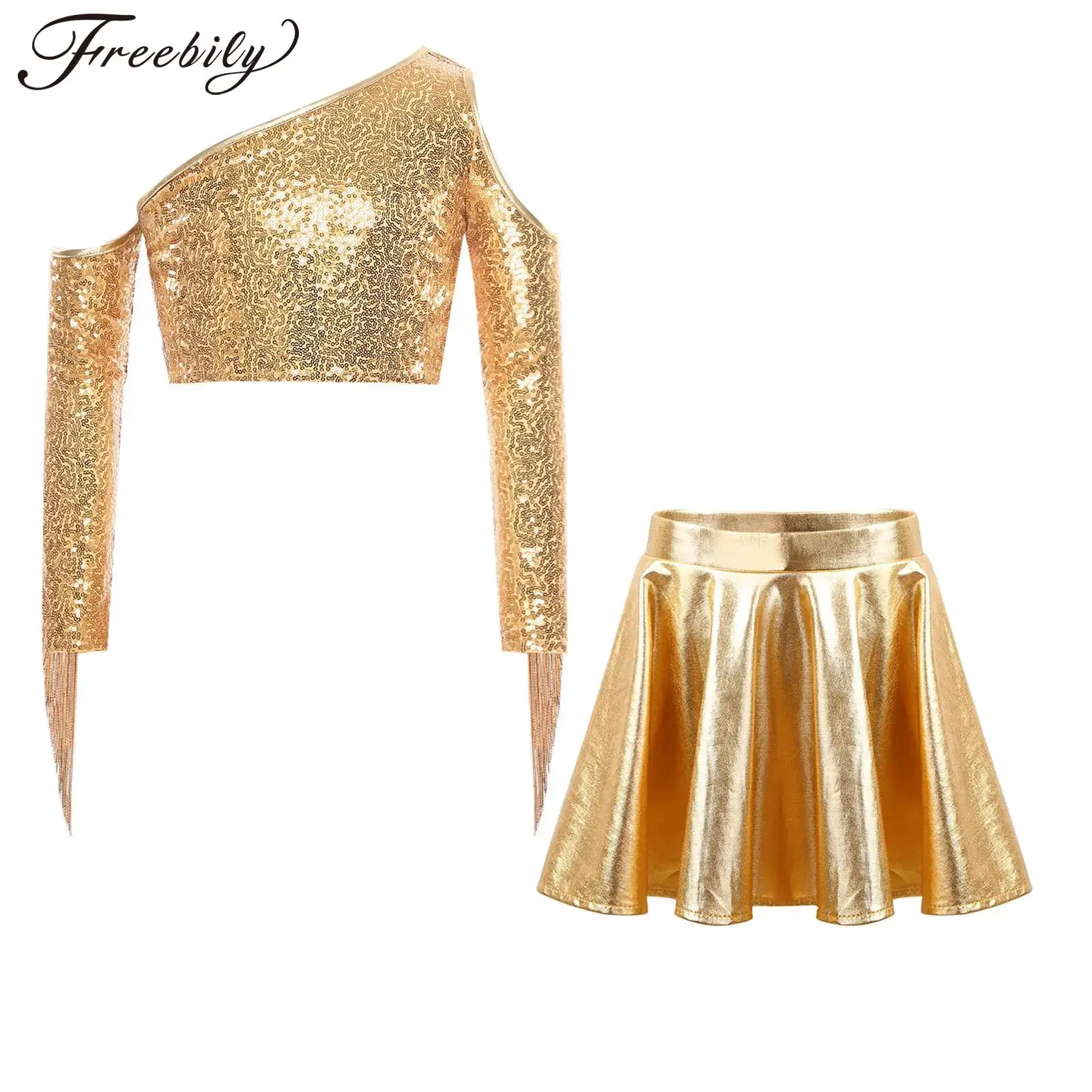 

Children's Sequined Disco Outfits Girls Tassel Metallic Shiny Jazz Dance Costume Streetwear Kids Stage Performance Clothes
