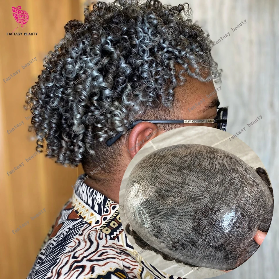 

Undetectable 1B80 1B65 1B40 12mm Curly Grey Full Skin Base Men Toupee Durable 100% Human Hair Natural Hairline System Prosthesis