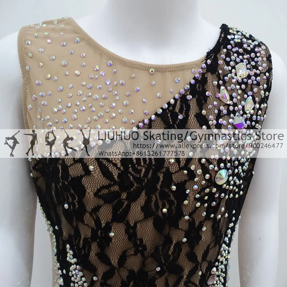 Artistics Gymnastics Leotards Black Sleeveless Lace Diamonds Girls Competition Performance