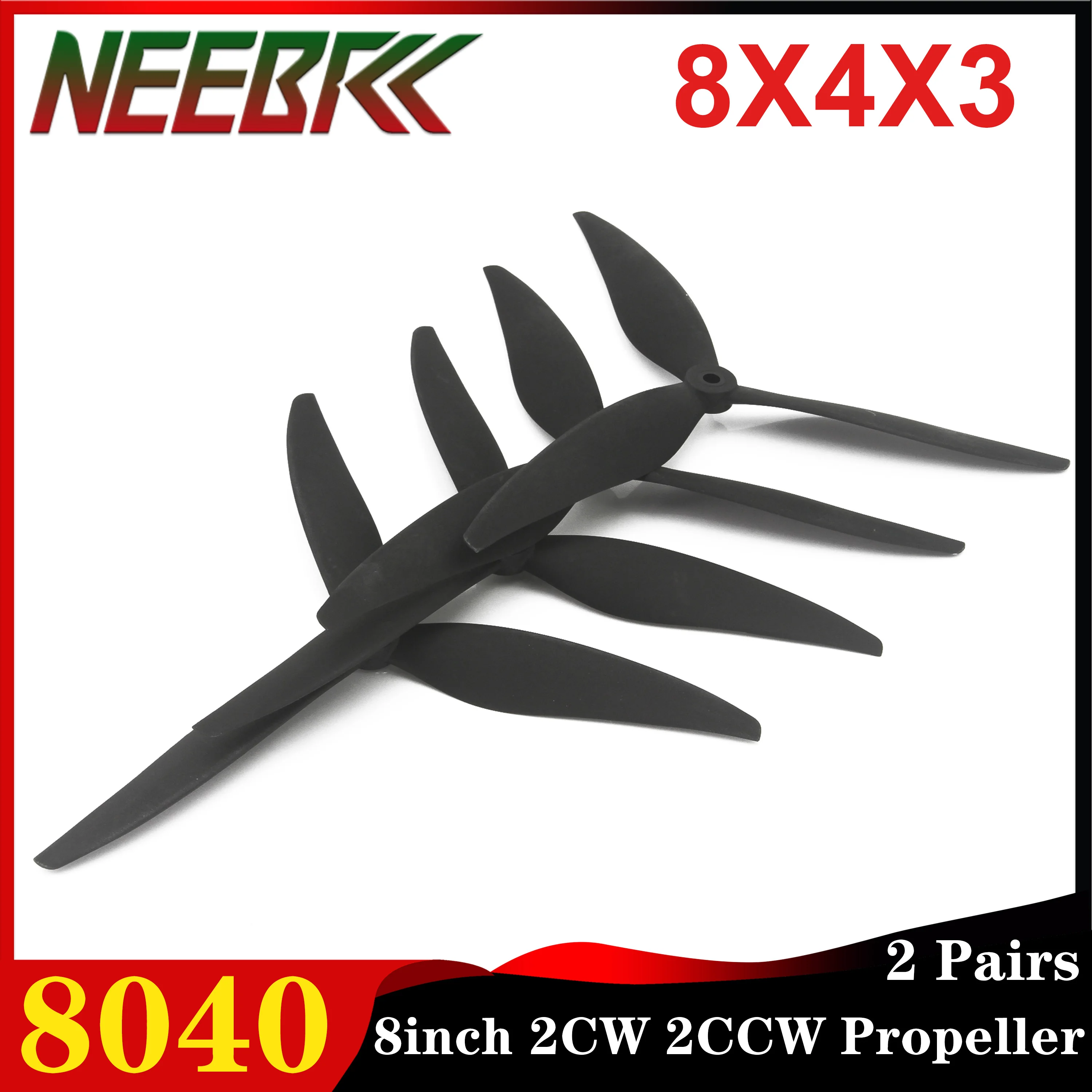 2 pares NEEBRC 8040 8X4X3 hélice CW CCW de 3 aspas 8 pulgadas fibra de vidrio nailon bajo ruido para Dron FPV multicóptero avión Accesorios