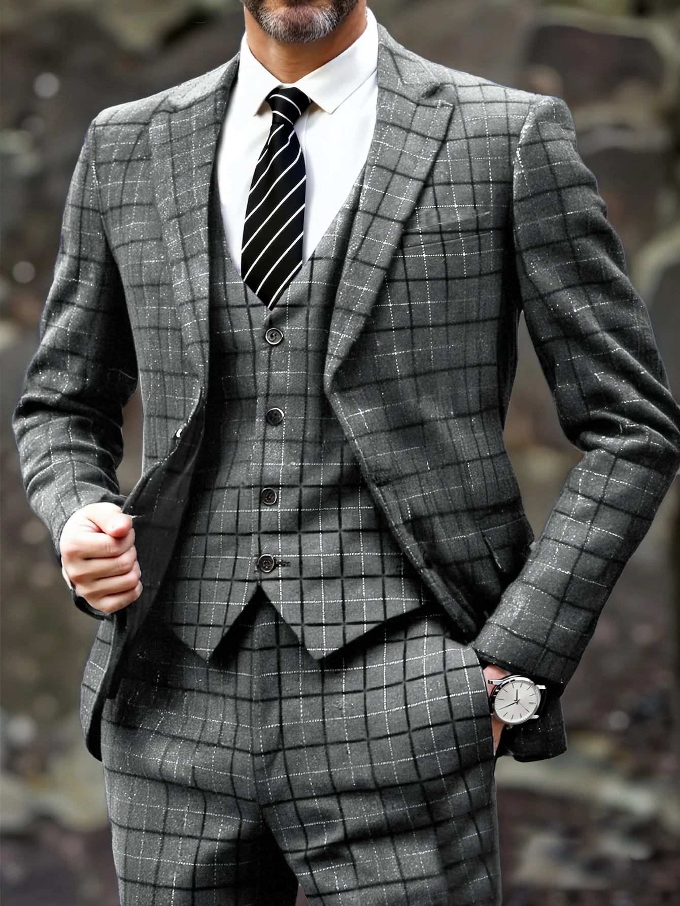 Men's High-end Three-piece Suit Set With Check Pattern, Suitable For Weddings, Casual Events, Banquets, Parties, And Holiday