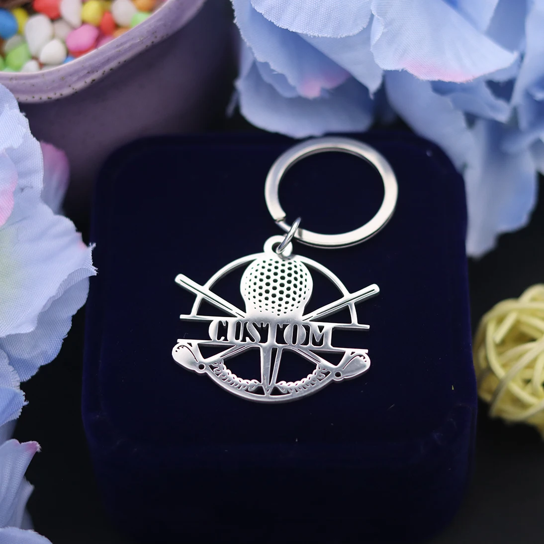 QIAMNI Custom Name Golf Ball Key Chain Stainless Steel Tennis Engraved Nameplate Date Keyring Sport Party Souvenir Gift Keychain