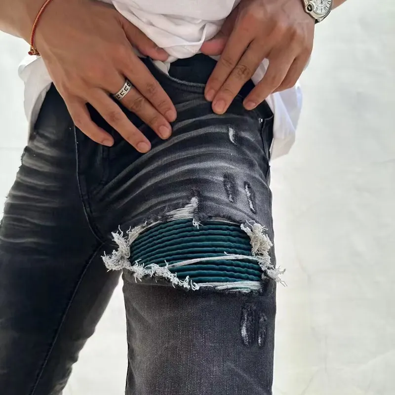 Latest Designer Street Fashion Men's Slim Fit Jeans Vintage Black Grey Elastic Split Jeans Men's Vintage Long Pants Spliced Hip