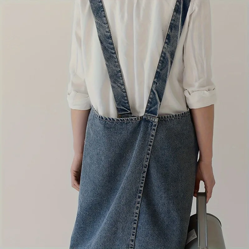 

Japanese Korean Style 100% Cotton Canvas Washed Denim Advertising Bib Apron for Kitchen Workwear - Durable Unisex Design