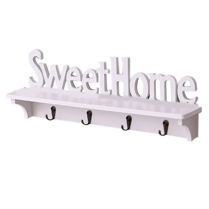 

NEW-1Pc 4 Hooks Shelves Hat Key Holders Sweet Home Words Storage Shelf Hanging Hooks Wall Mounted Rack Home Storage Holder