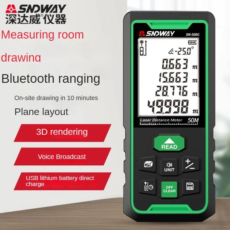 Latest SNDWAY SW-50BG Laser Distance Meter Digital Rangefinder SW-50G Bluetooth Range Finder Tape Measure Electronic Level Ruler