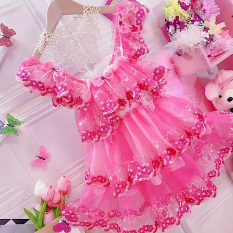 Sexy Girl Pink JSK Dress Sissy Maid COS Crossdressing ABDL Mini Dress Bowknot Lace Ruffle Sweet Princess Tulle Puffy Dress