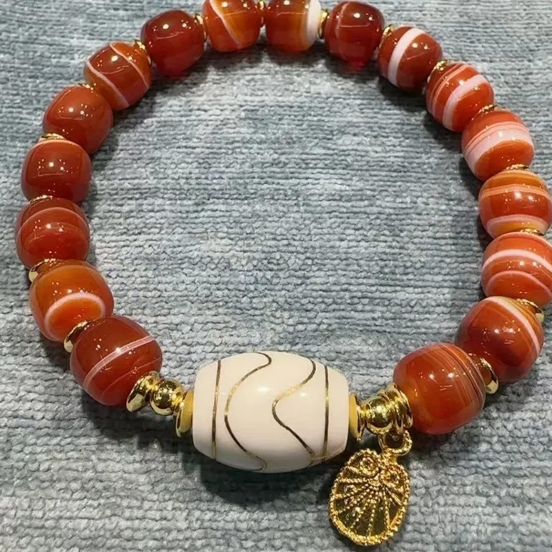 Tibetan Agate Inlaid with Copper Tiger Tooth Dzi Bead + Twisted Silk 8x9mm Left and Right Hand Bracelets