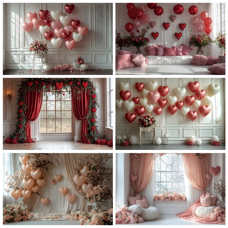 Happy Valentine's Day Photography Backdrop Heart Shaped Balloon Rose Romantic Veil Proposal Party Decor Photography Studio