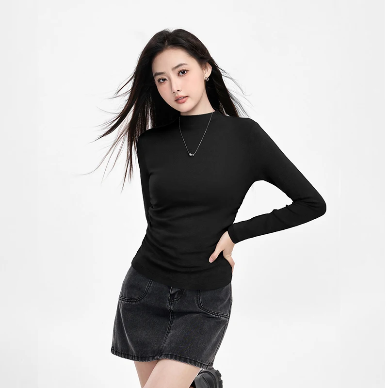 

Autumn Winter Skin-friendly Slim Long Sleeve Simple Turtleneck Pullover Shirt Inner Threaded Solid Bottom Women Blouse Tops Soft