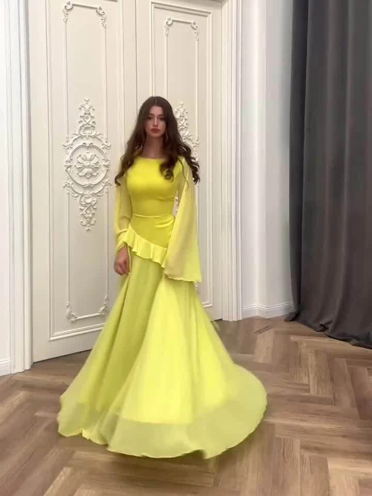 

Elegant Flounce Yellow Big Swing Dresses Spring Women Long Sleeves O Neck Slim Dress Autumn High Waist A-line Ankle Length Dress