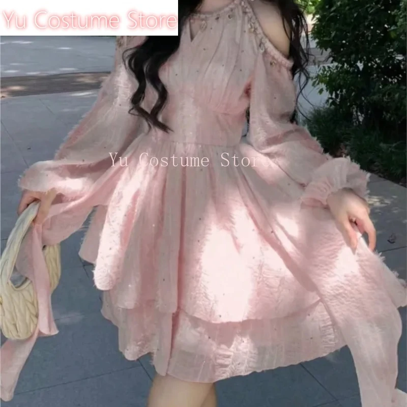

Yu CostumeChic Irregular RufflesShell Decoration Mini Dress Autumn Winter Long Sleeve Off Shoulder Fairy Evening Sequin Vestidos