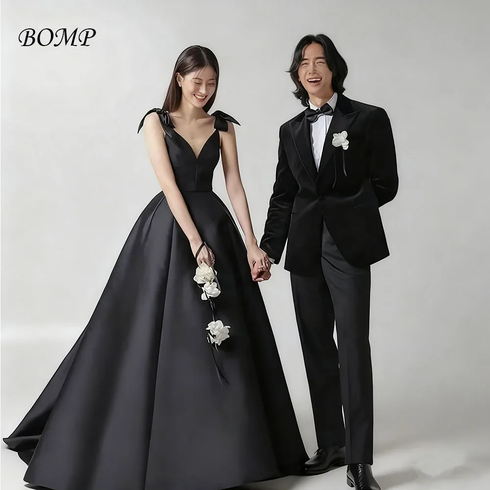 BOMP 모던 블랙 웨딩 파티 이브닝 드레스 A라인 맞춤형 스파게티 스트랩 포멀 프롬 가운 새틴 웨딩 사진 촬영용