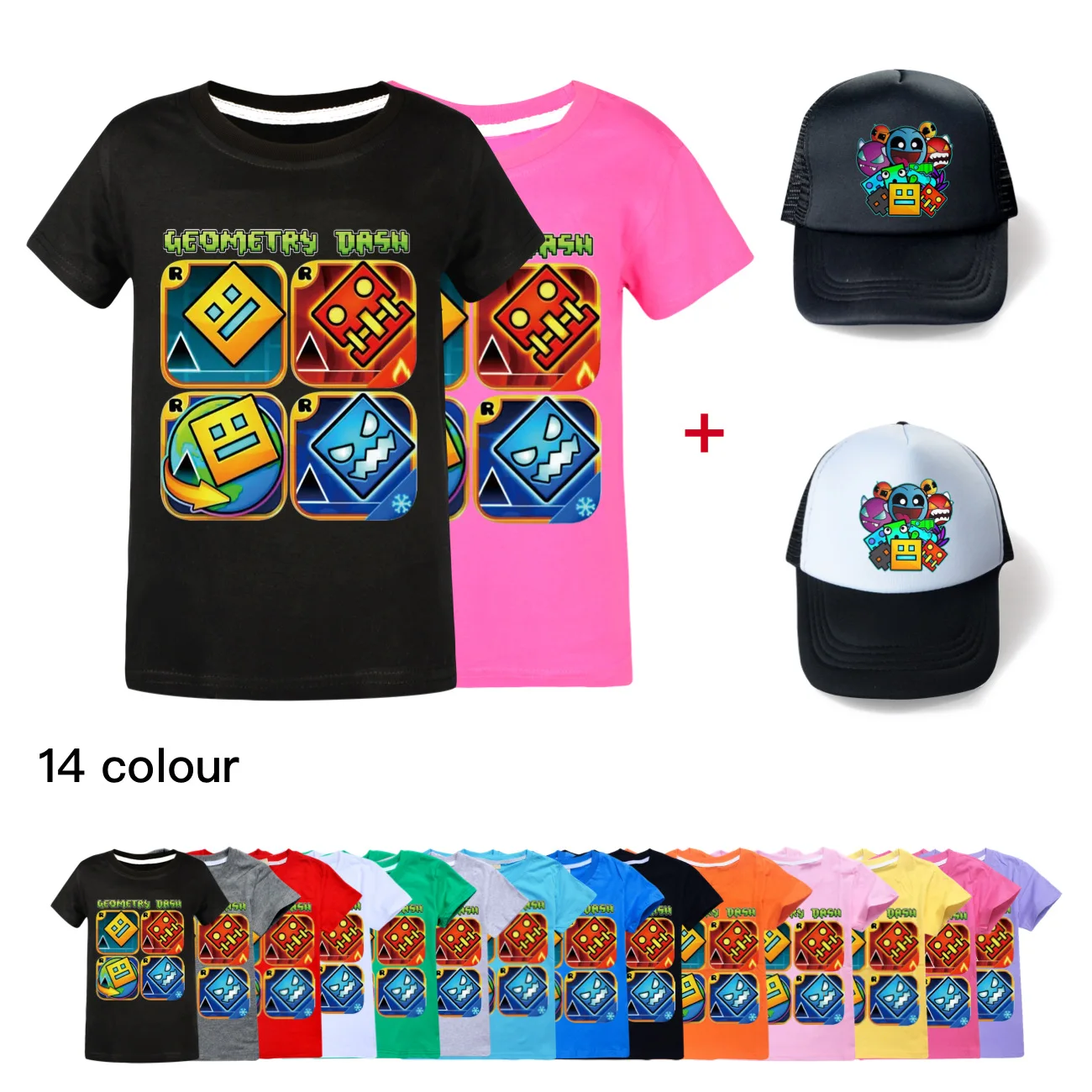 

New Game Angry Geometry Dash T-Shirt Kids 2024 Summer Clothes Junior Boys Short Sleeve Casual Tops & Sunhat Baby Girls Clothing