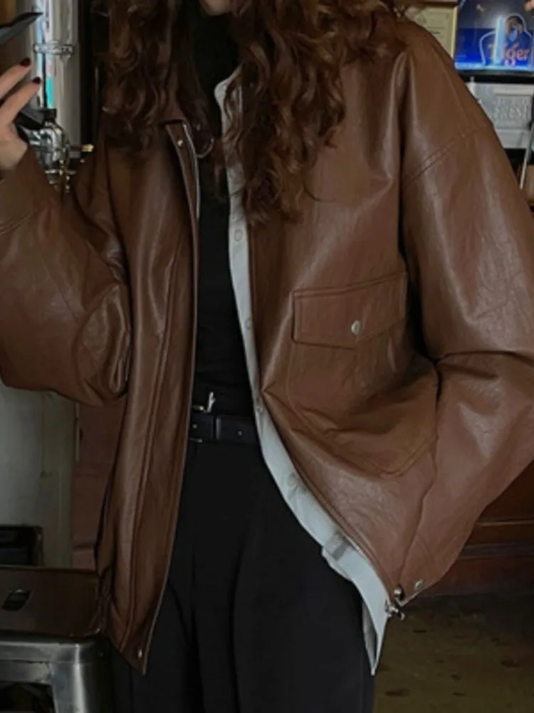 

Ретро Faion Hong Kong Sle Long Sve Jaet из искусственной кожи женский свободный дизайн мотоциклетный топ весна осень зима