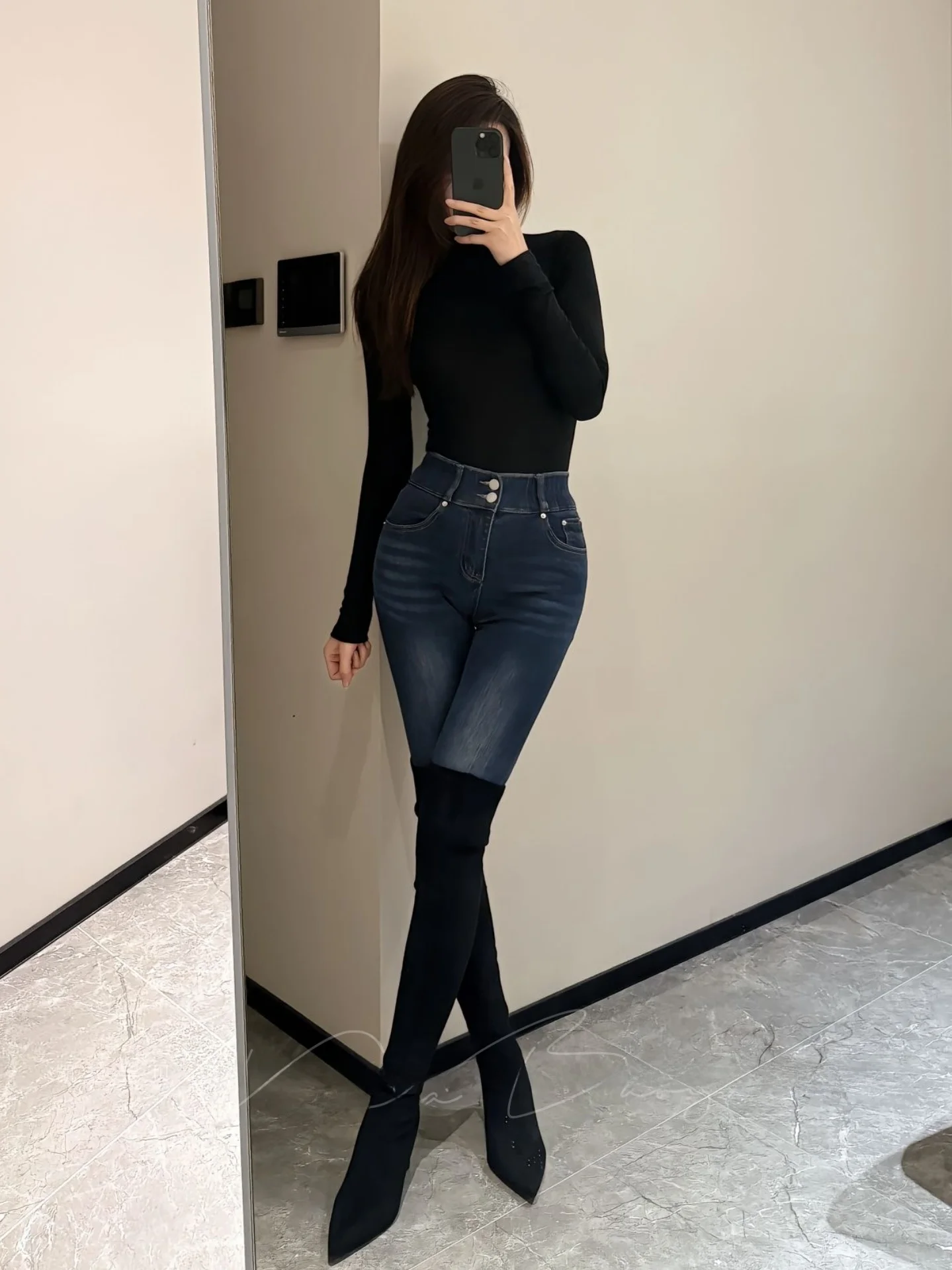 

Женские джинсы Slim Fit с высокой талией, двойным синим дизайном, подчеркивающие форму, утягивающие, универсальные, из эластичного хлопкового денима