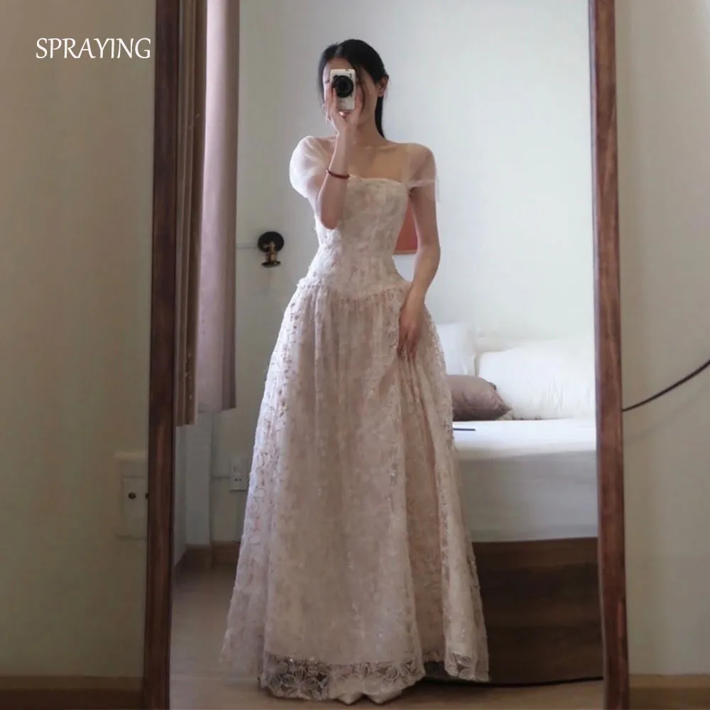 

SPRAYING Pink Lace A-line Long Evening Dresses Korea Wedding Photo Shoot Luxury Off Shoulder Party Dress Corset Customized 2026