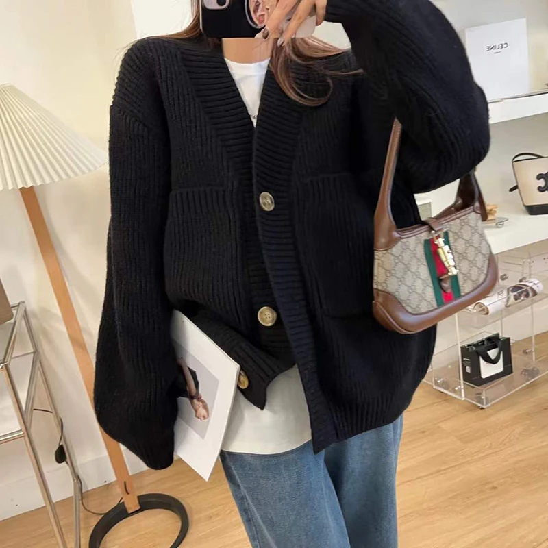 Zoki Oversize Casual Cardigan Sweaters Women Korean Big Pockets Long Sleeve Knitted Coat V Neck Vintage Lazy Wind Female Tops