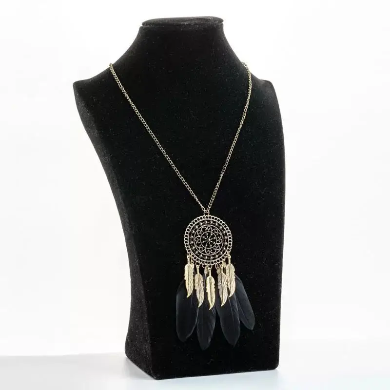 Boho Chain Long Feather Necklace For Women Metal Tassel Geometric Hollow Round Antique Bronze Color Vintage Necklaces Jewelry