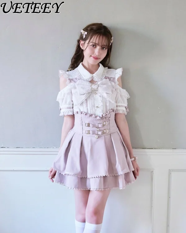 Japoński styl Mine New Off-Shoulder Pearl Collar Tops Cute Sweet Girl Lolita Blouse All-Match Bow Short Sleeve Base Shirt