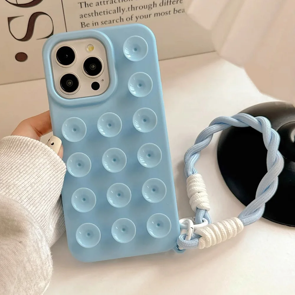 Phone Case For iPhone 13 15 16 17 Pro Max iPhone 14 11 12 13 Pro XR Luxury Suction Cup Candy With Wrist Strap Shockproof Cover view 2