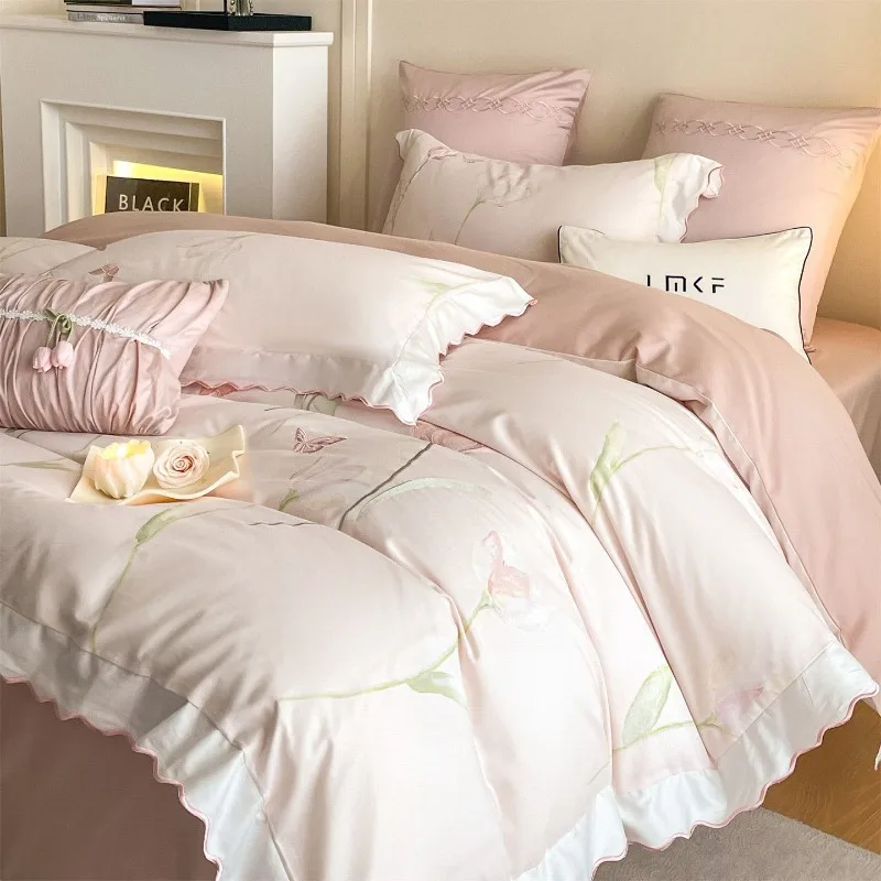 Autumn and Winter Thickened Warm Polished Four-piece Set Cotton Bed Sheet Quilt Cover Pillowcase Princess Wind Bedding Set
