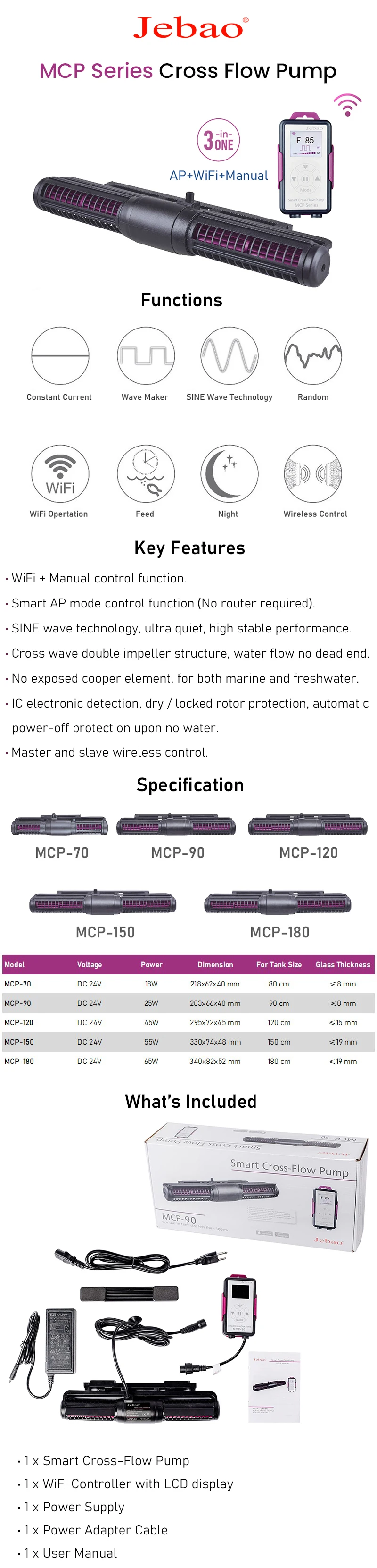 Jebao MCP Serie Aquarium Fischbecken WLAN-Smart Kreuzstrom-Zirkulationspumpe Wellengenerator mit LCD-Display-Controller – Detail 1