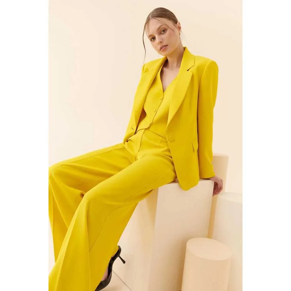 Fashion Chic Yellow Suits for Women 3 Pieces Jacket Pants Vest Female Clothing Slim Fit Office Lady Banquet Smart Blazers Sets