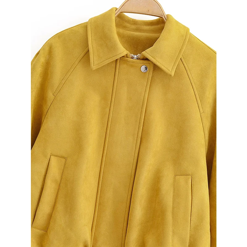 YENKYE 2025 Women Short Faux Suede Jacket Loose Casual Bomber Coat Front Zipper Lapel Long Sleeve Autumn Winter Outerwear